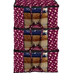 Stylista Maroon & Red 3 Pieces Floral Printed Water Resistant Blanket Storage Organisers-54