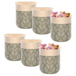 Kuber Industries Green & White 6 Pieces Leaves Printed Tote Basket Organisers With Handles-23
