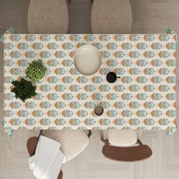 Astitva Cream & Green 1 Piece 6 Seaters Floral Printed Cotton Dining Table Covers-0