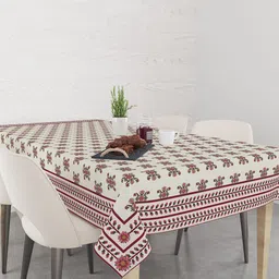 Astitva Off White & Maroon Floral Printed Pure Cotton 6 Seater Rectangular Table Cover-11