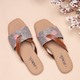 ZOUK Women Grey Printed One Toe Flats with Embroidered-45