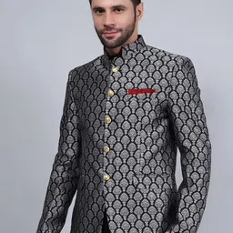 Wintage Geometric Printed Mandarin Collar Satin Bandhgala Blazers-picture-41