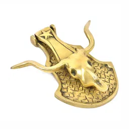 Indianshelf Gold Toned Bull Head Knocker With Horns On An Engaved-image-54