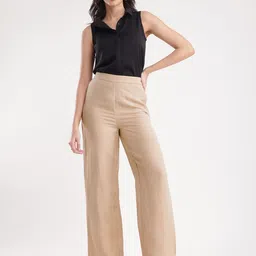FableStreet Women Beige Flared Solid Regular Trousers-image-61