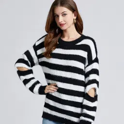 JC Collection Women Black & White Striped Striped Pullover-image-46