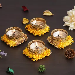 eCraftIndia Gold Toned & Yellow 4 Pieces Round Shaped Candle Holders-56