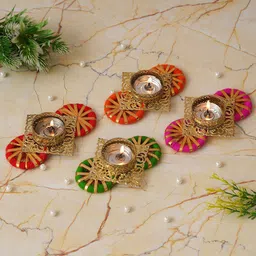eCraftIndia Gold Toned & Red 4 Pieces Textured Metal Candle Holders-27