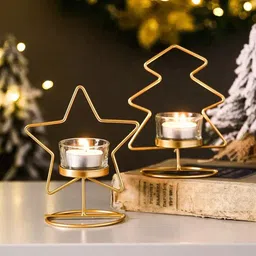 The Purple Tree Gold Toned 2 Pieces Textured Metal Christmas Star Tealight CandleHolders-image-34