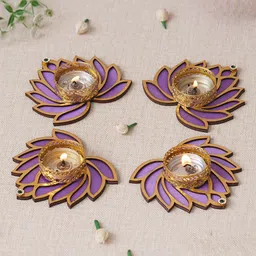 eCraftIndia Purple & Gold Toned 4 Pieces Textured Lotus Shaped Metal Candle Holders-3