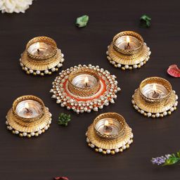 eCraftIndia Gold Toned & White 6 Pieces Textured Round Shaped Metal Candle Holders-10
