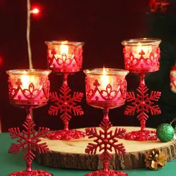 TIED RIBBONS Set of 4 Transparent & Red Christmas Tealight Candle Holder with Stand-27
