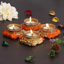 eCraftIndia Orange & Gold Toned 4 Pcs Candle Holder-29