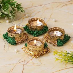 eCraftIndia Green & Gold Toned 4 Pieces Textured Round Shaped Metal Candle Holders-33