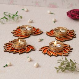 eCraftIndia Gold Toned & Red 4 Pieces Beautiful Lotus Design Tea Light Candle Holders-51