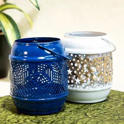 Ekhasa Blue & White 2 Pieces Lantren Tealight Candle Holders-image-9