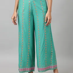 W Women Green Ethnic Motifs Printed Trousers-picture-14