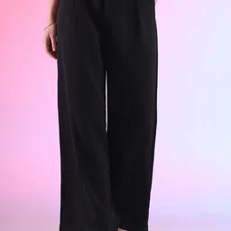 FITHUB Women Wide Leg High-Rise Pleated Cotton Parallel Trousers-image-41
