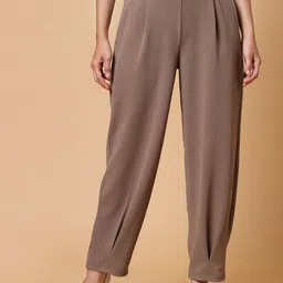 plusS WORX Women Brown Solid Pleated Trousers-image-47