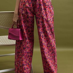 Tokyo Talkies Pink & Black Women Floral Printed Cotton Parallel Trousers-image-55