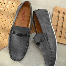 Mactree Men Grey Perforations Suede Loafers-picture-13