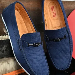 Mactree Men Navy Blue Textured Suede Loafers-image-32