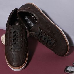 EZOK Men Brown Textured Leather Sneakers-image-14