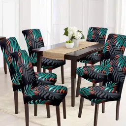Cortina Black & Teal Blue 6 Pcs Leaf Printed Super Stretchable Chair Covers-4