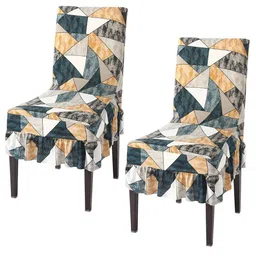 HOKIPO Grey & Beige 2 Pieces Printed Frill Chair Covers-image-99