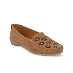 CARLO ROMANO Women Beige Floral Textured Laser Cuts Leather Loafers-24