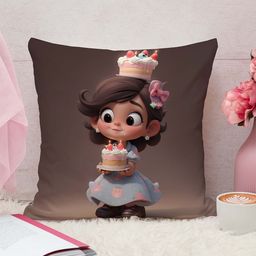 STITCHNEST Brown & Pink Cartoon Characters Jute Cotton Square Cushion Cover-15