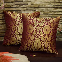 RoyalDeco Burgundy & Gold Toned 2 Pieces Square Banarasi Brocade Silk Cushion Covers-48