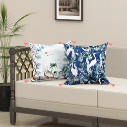 EverHOME White & Blue 2 Pieces Floral Velvet Square Cushion Covers-image-95
