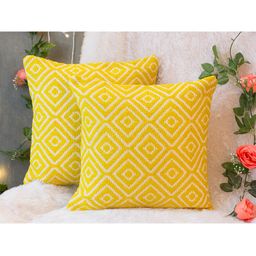 KRAVIKA Yellow & White Cotton Set of 2 Geometric Square Cushion Covers-30