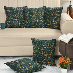 CLIO'S HERITAGE STORE Green 5 Pieces Floral Printed Pure Cotton Square Cushion Covers-image-12