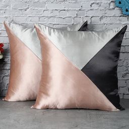 The Decor Mart Set of 2 Peach-Coloured & Black Colourblocked Satin Square Cushion Covers-26