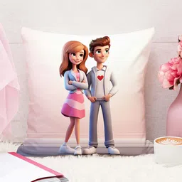 STITCHNEST Off White & Pink Cartoon Characters Jute Cotton Square Cushion Cover-16