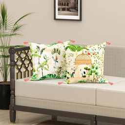 EverHOME White & Green 2 Pieces Ethnic Motifs Velvet Square Cushion Covers-image-88