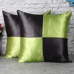 The Decor Mart Brown & Green Set of 2 Colourblocked Satin Square Cushion Covers-24