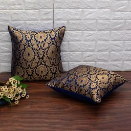 RoyalDeco Navy Blue & Gold Toned 2 Pieces Ethnic Banarasi Brocade Silk Cushion Covers-51