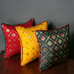 RoyalDeco Red & Yellow  3 Pieces Bandhani Brocade Square Cushion Covers-image-7