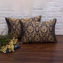 RoyalDeco 2 Pcs Navy Blue Ethnic Motifs Banarasi Brocade Silk Rectangle Cushion Covers-51