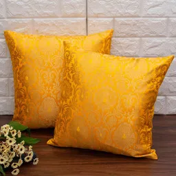 RoyalDeco Yellow 2 Pieces Ethnic Motifs Banarasi Brocade Silk Square Cushion Covers-14