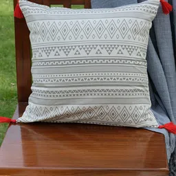 DESIGN GAATHA Cream-Coloured & Grey Geometric Printed Cotton Square Cushion Cover-4