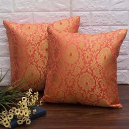 RoyalDeco Coral & Gold Toned 2 Pieces Ethnic Banarasi Brocade Silk Square Cushion Covers-55