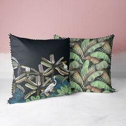 BIANCA Black & Green Set of 2 Floral Square Cushion Covers-12