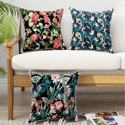 BIANCA Set Of 3 Black & Green Floral Printed Cushion Covers-picture-43