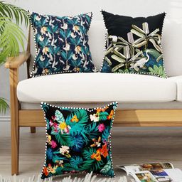 BIANCA Black & Green Set of 3 Floral Square Cushion Covers-39