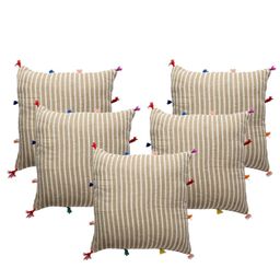 Contrast Living Brown & White 5 Pieces Striped Linen Square Cushion Covers-picture-46