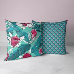 BIANCA Coral & Teal Set of 2 Floral Square Cushion Covers-4