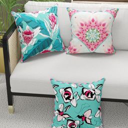 BIANCA Coral & Teal Set of 3 Floral Square Cushion Covers-16